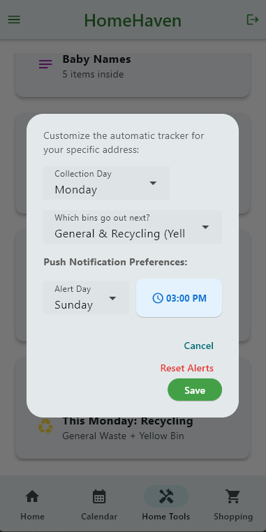 HomeHaven bin tracker setup with collection day and reminder time