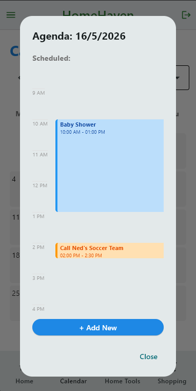 HomeHaven daily agenda with time-blocked family events