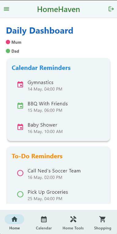 HomeHaven dashboard showing family calendar reminders and to-do list