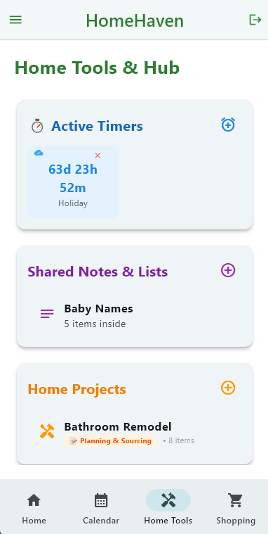 HomeHaven home tools and hub with active timers, shared notes, and projects