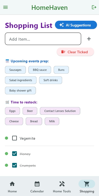 HomeHaven AI shopping list with upcoming events prep and restock suggestions